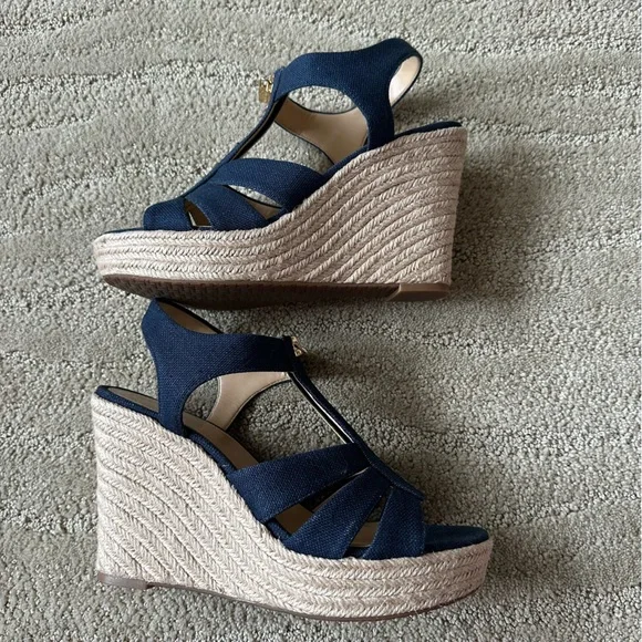 Michael Michael Kors Berkeley Blue Canvas Front Zip Espadrille Wedge Sandals 8M - Picture 6 of 16